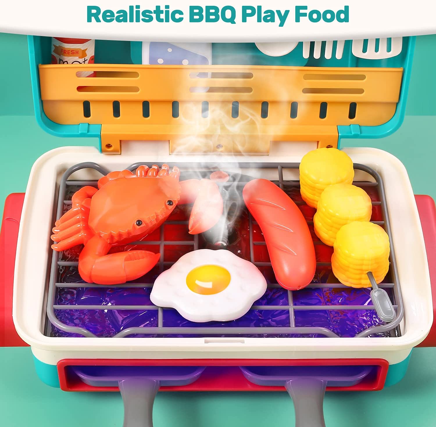 HOLYFUN 42Pcs Kids BBQ Grill Toy Barbecue Kitchen Cooking Playset Pretend Toys