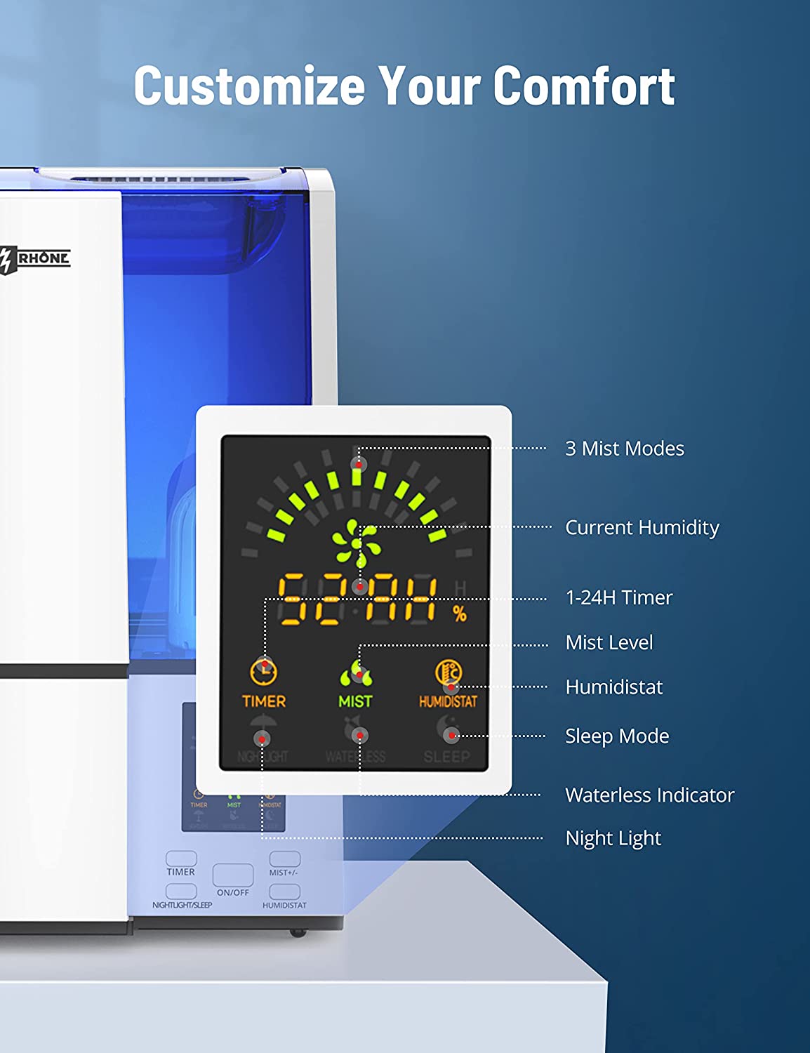 Paris Rhône 4L Cool Mist Humidifier with Humidistat LED Display For Bedroom