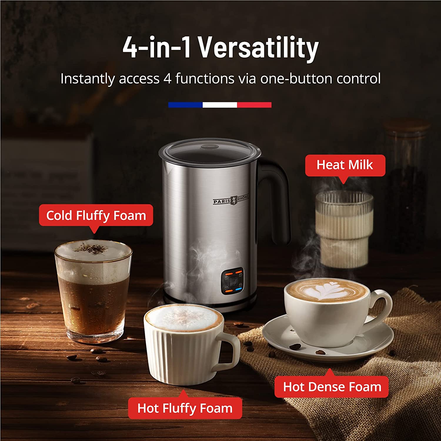 Paris Rhône Milk Frother 4-in-1 Electric Stainless Steel Milk Steamer for Coffee