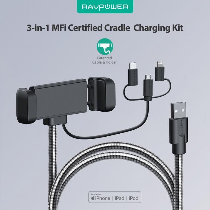 RAVPower 0.6m 3 in 1 Multiple USB Charging Cable Stainless Steel Metal Stand
