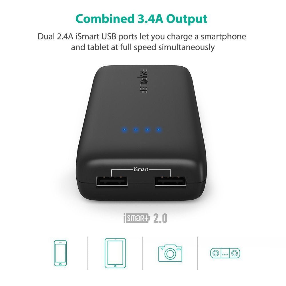 RAVpower 12000mAh 3.4A 2 USB Port Power Bank