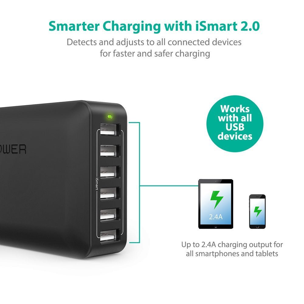 RAVpower 60W 12A 6 USB Port USB Charger
