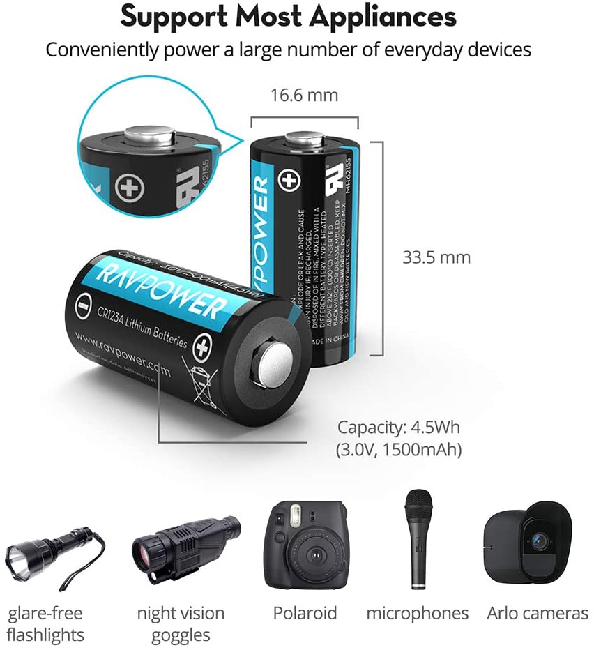 RAVPower CR123A Lithium-ion Batteries 16 Pack 3V 1500mAh Arlo Cameras Flashlight