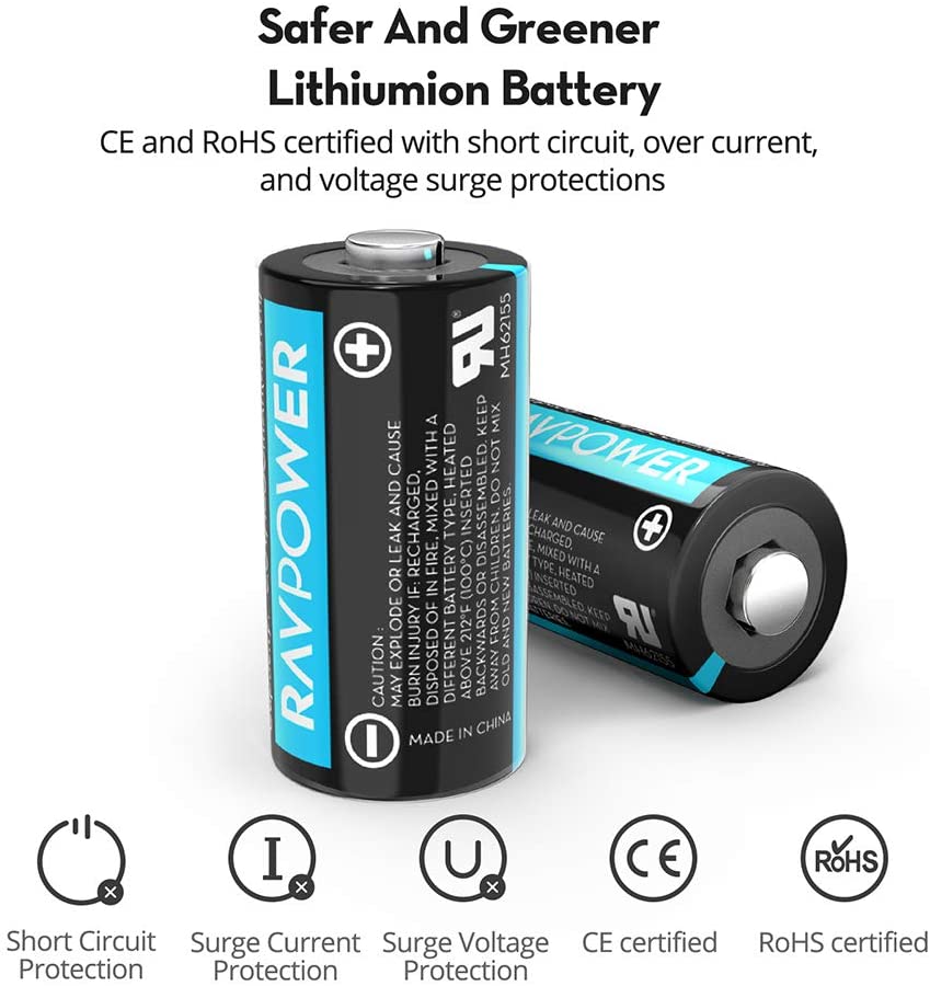 RAVPower CR123A Lithium-ion Batteries 16 Pack 3V 1500mAh Arlo Cameras Flashlight