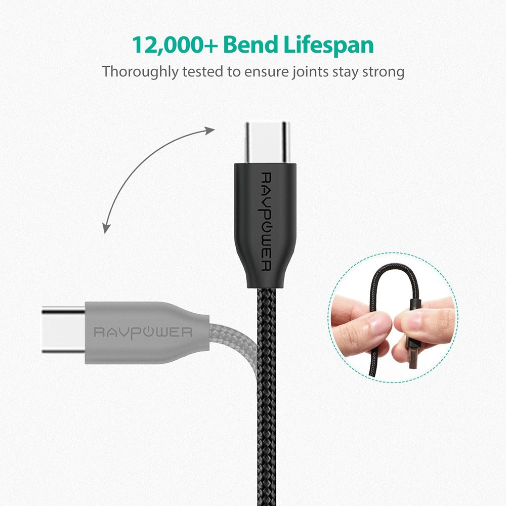 RAVPower USB-C Cable Type-C to Type-C Nylon Braided Fast Charging 3ft/0.9m