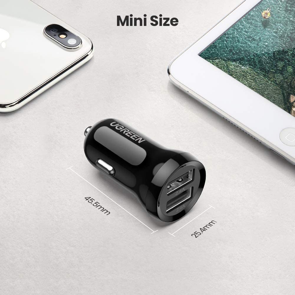 UGREEN Car Charger 4.8A Dual USB Ports Mini Power Adapter Phone Fast Charging