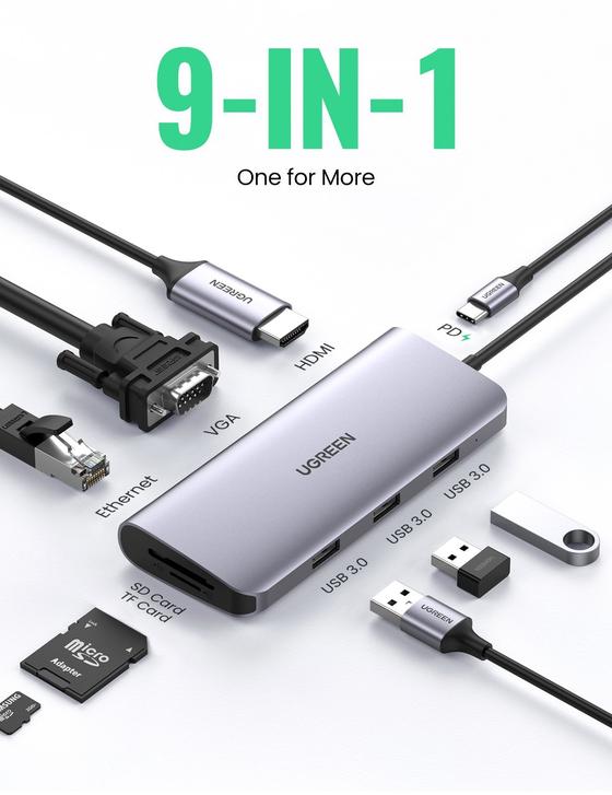 UGREEN USB C 100W PD Hub 9 in 1 4K HDMI Ethernet Charging Adapter Dock Station