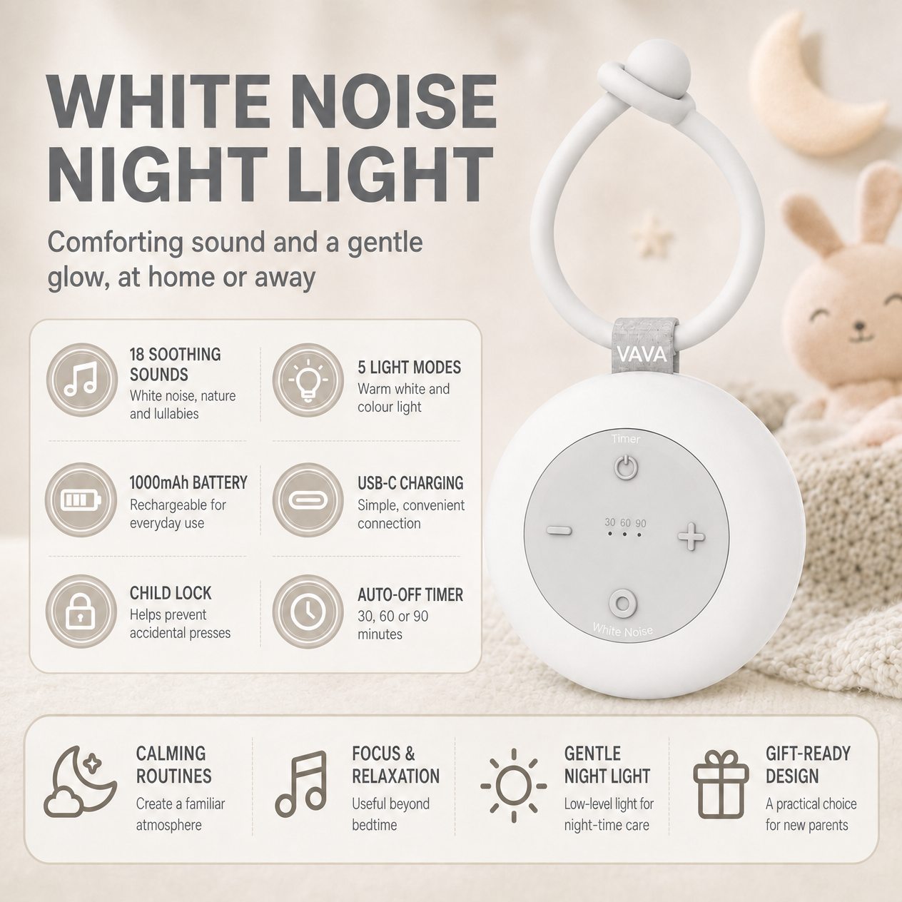 VAVA VA-CL005 Portable White Noise Machine with Night Light