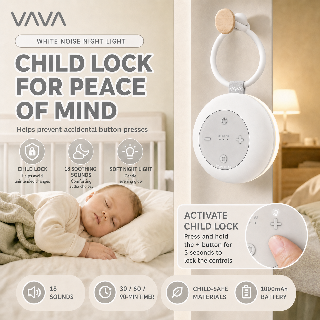 VAVA VA-CL005 Portable White Noise Machine with Night Light