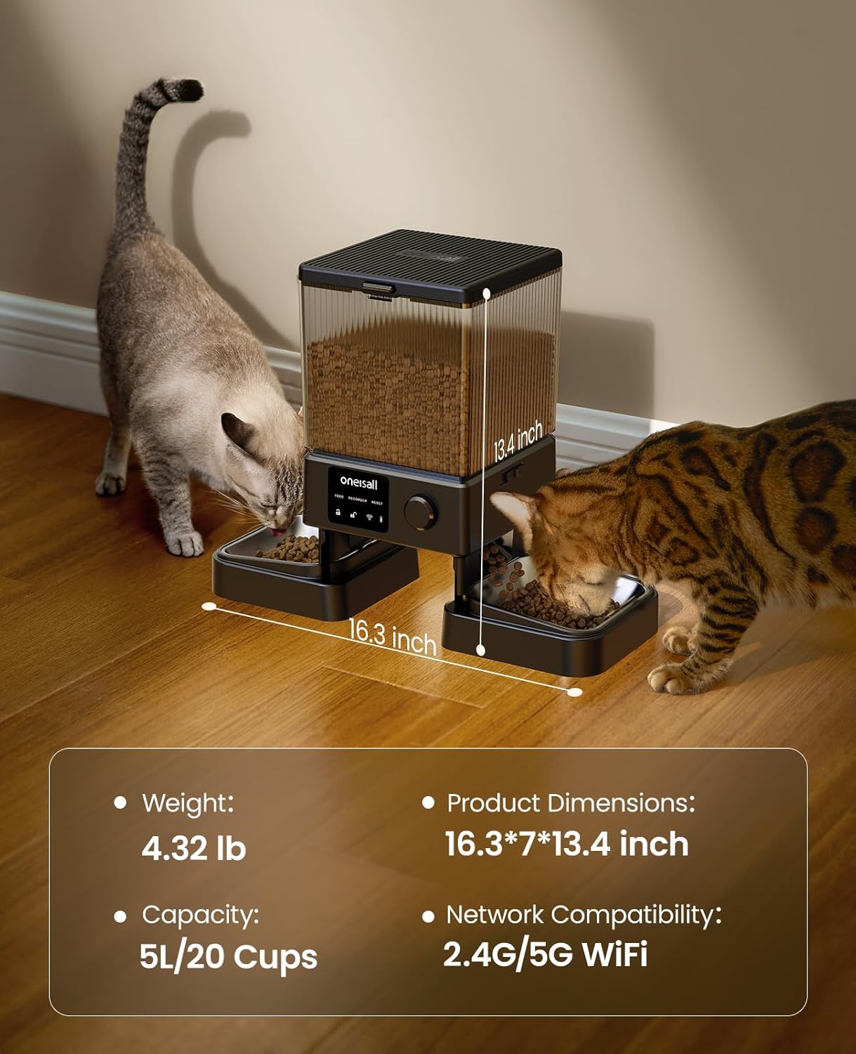 Oneisall Automatic Cat Feeder with 5G WiFi Automatic Pet Food Dispenser for 2 Cats