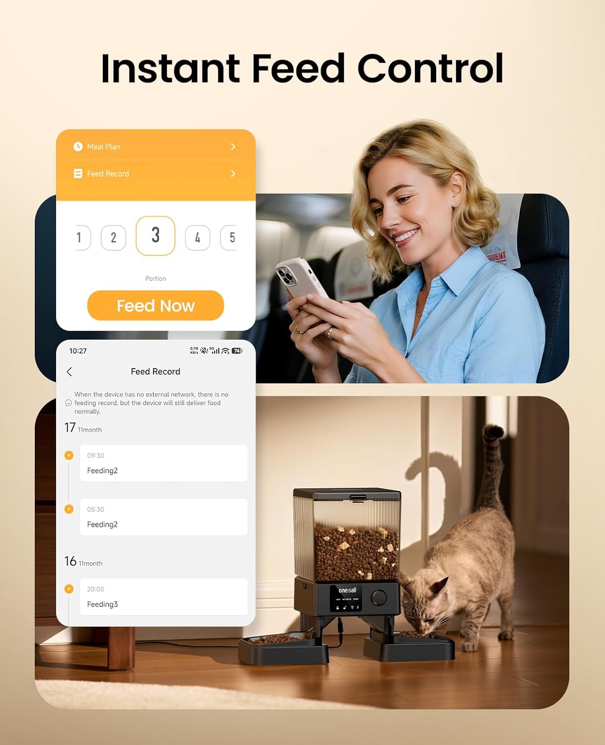 Oneisall Automatic Cat Feeder with 5G WiFi Automatic Pet Food Dispenser for 2 Cats
