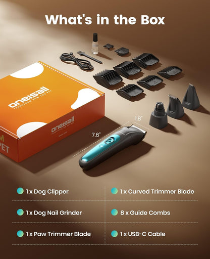 Oneisall Dog Clippers &amp; Paw Trimmer 4 in 1 Grooming Kit Cordless Silent Pet Shaver