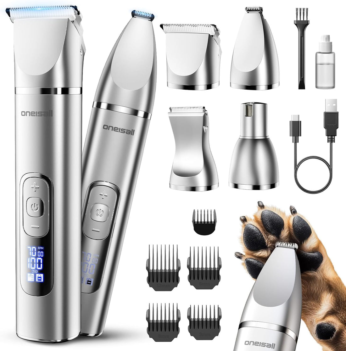 Oneisall 4 in 1 Dog Grooming Kit Rechargeable Cordless Dog Hair Trimmer for Paw Nail Grinder