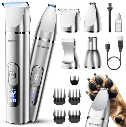Oneisall 4 in 1 Dog Grooming Kit Rechargeable Cordless Dog Hair Trimmer for Paw Nail Grinder