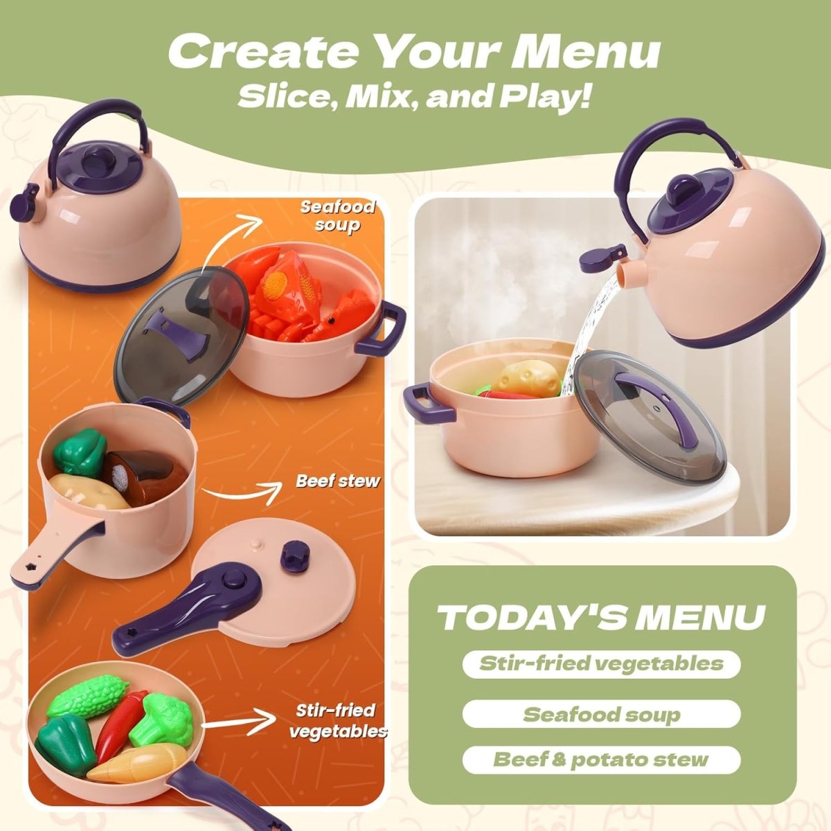 CUTE STONE 51-Piece Mini Play Kitchen Accessories Toy Pretend Cooking Playset