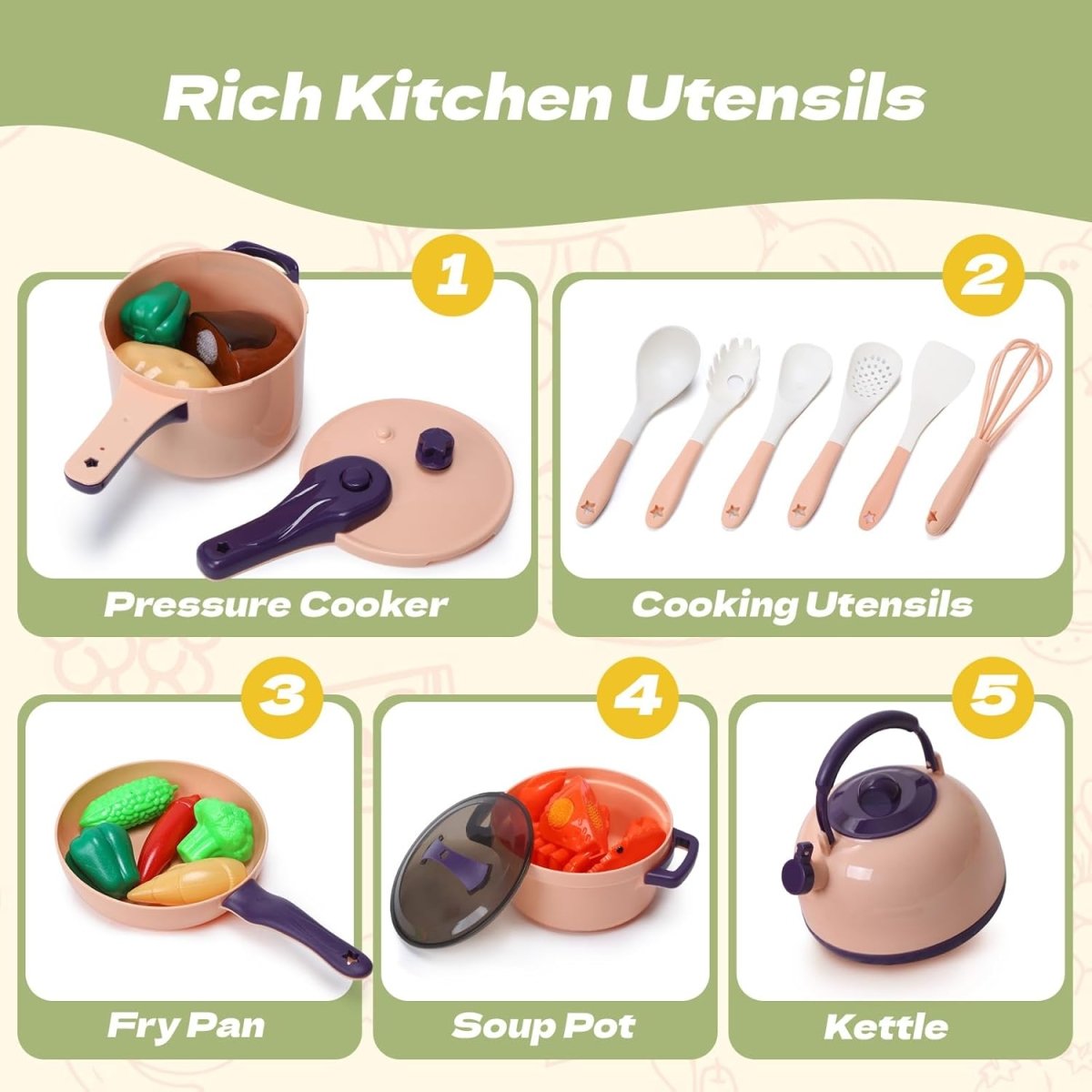 CUTE STONE 51-Piece Mini Play Kitchen Accessories Toy Pretend Cooking Playset