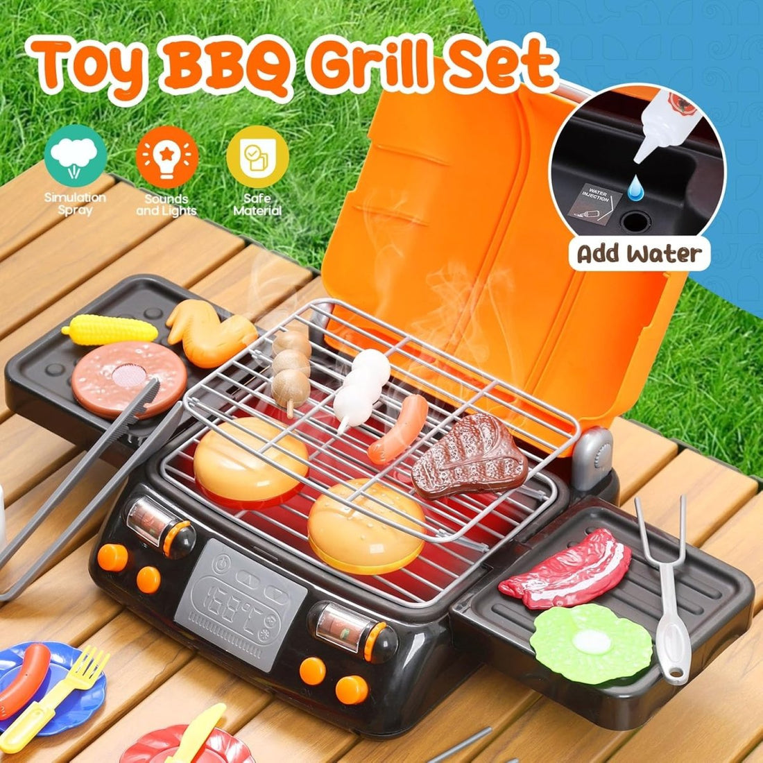 CUTE STONE Cooking Toy BBQ Set 2 Layers Grill Playset Kids Pretend Play Food