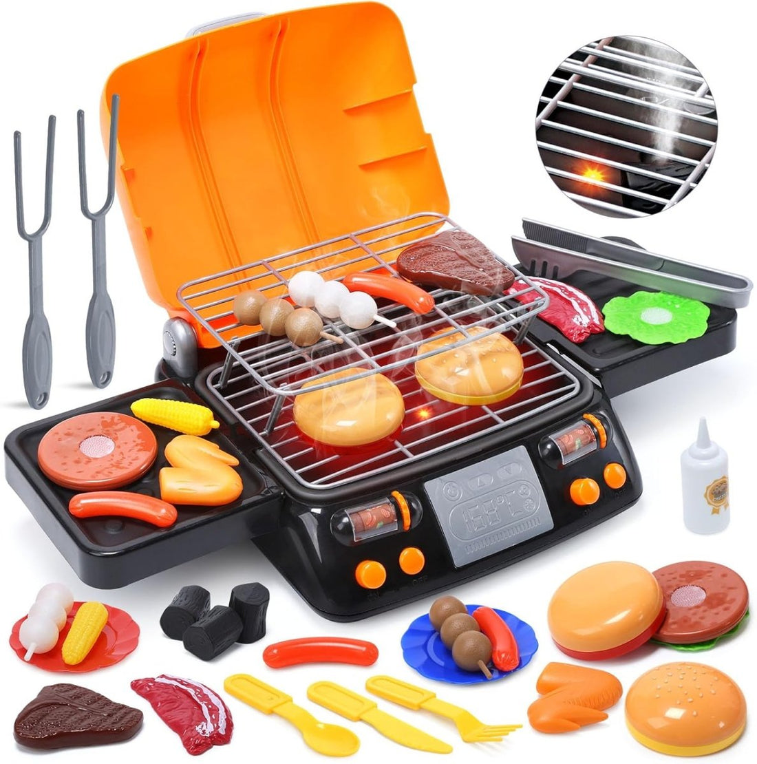 CUTE STONE Cooking Toy BBQ Set 2 Layers Grill Playset Kids Pretend Play Food