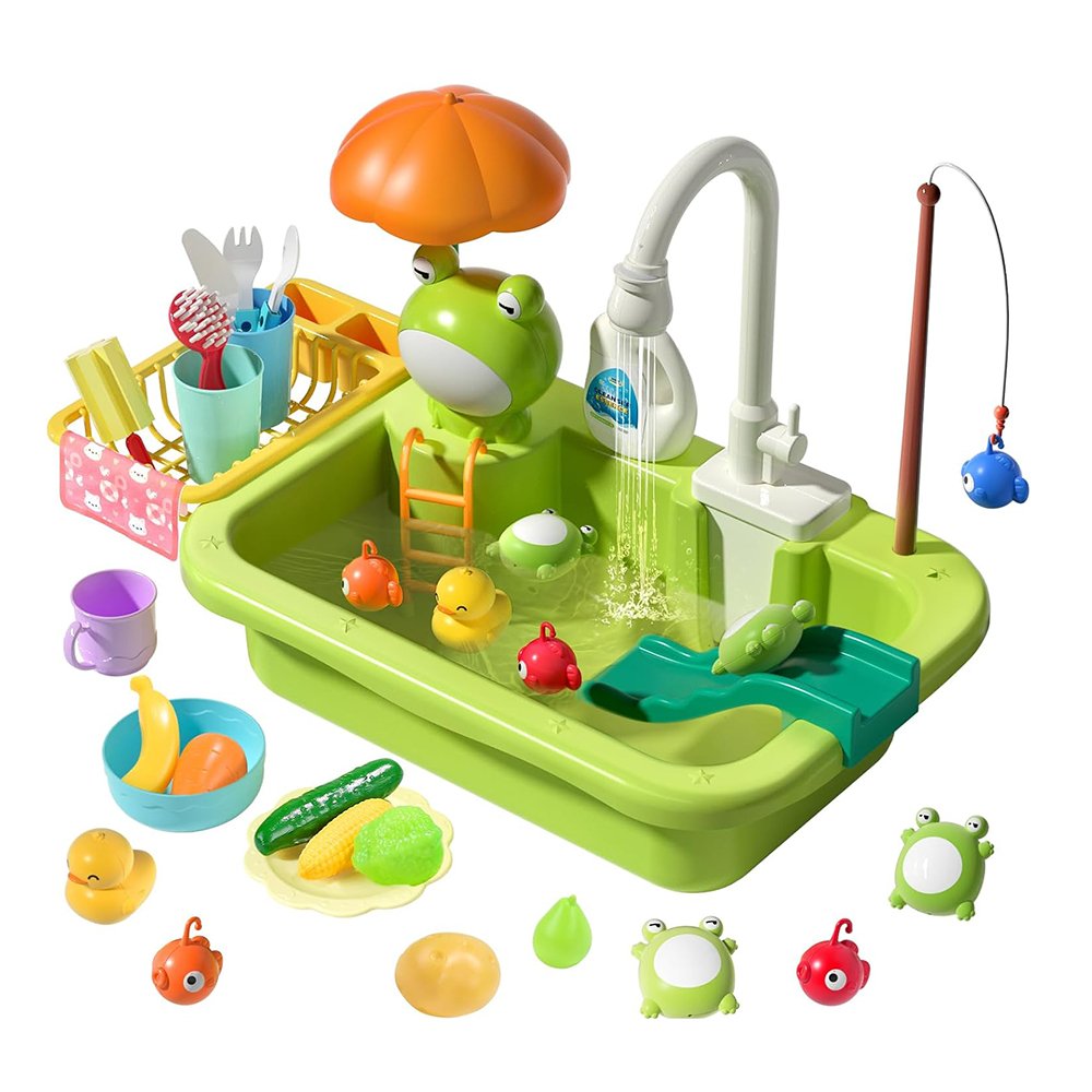 CUTE STONE Play Sink with Running Water Play Kitchen Toy Accessories Fishing Toy