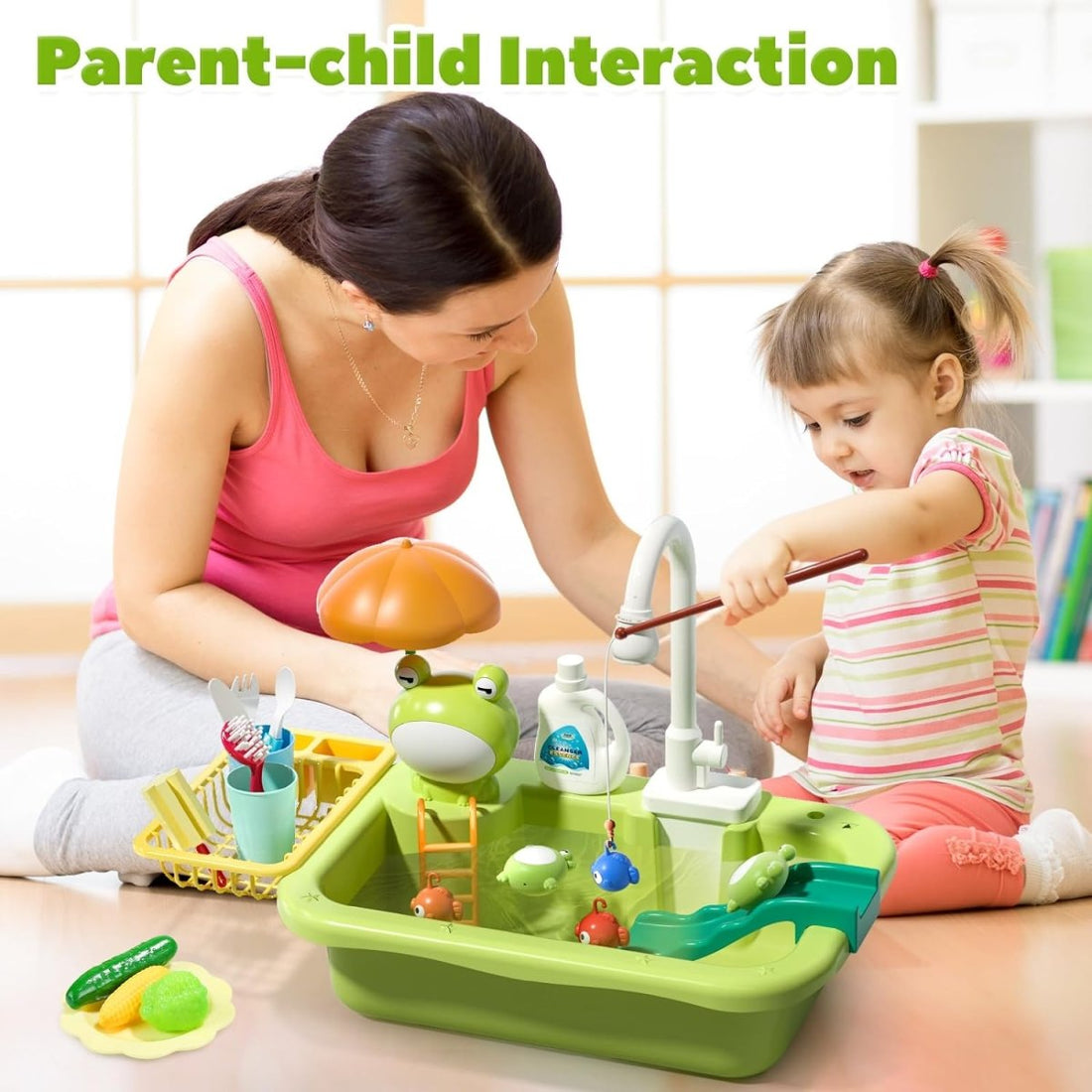 CUTE STONE Play Sink with Running Water Play Kitchen Toy Accessories Fishing Toy