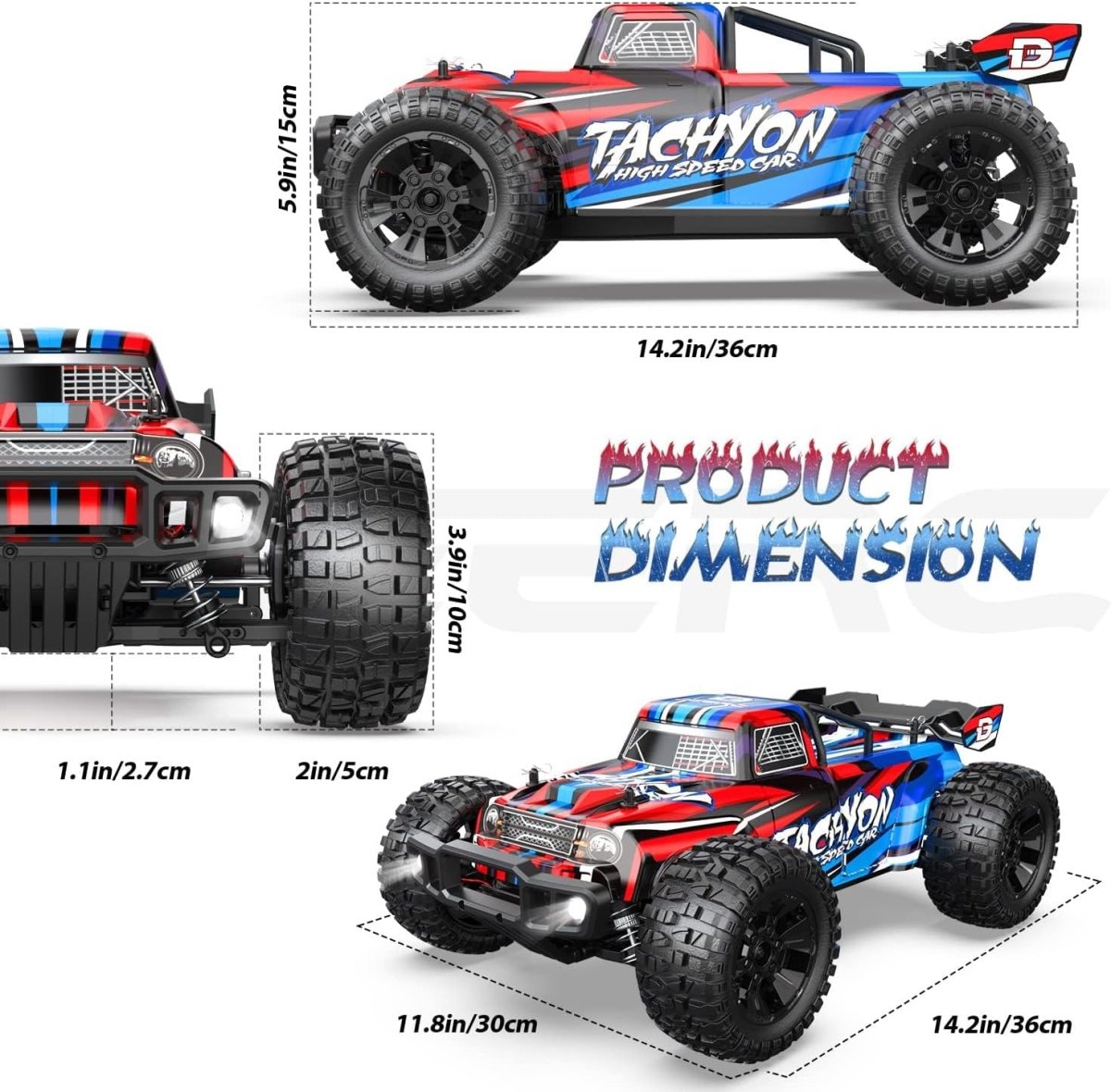 DEERC 210E Brushless High Speed RC Car 1:10 Large 4WD Remote Control Monster Truck