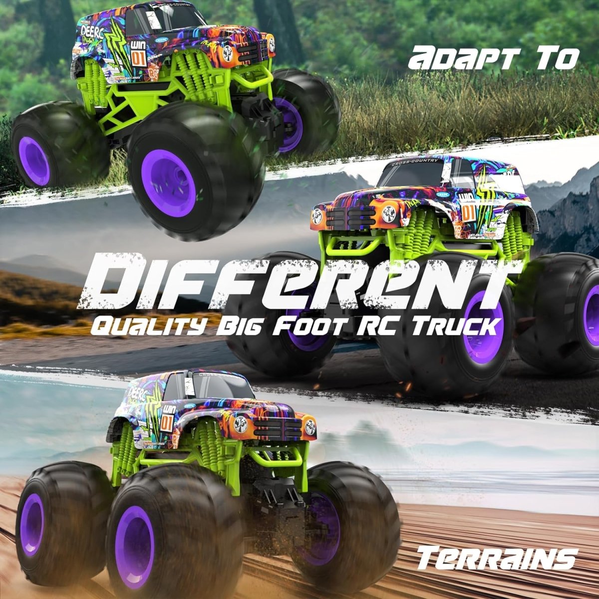 DEERC All Terrain Remote Control Monster Truck Toy 1:16 Scale High Speed RC Car