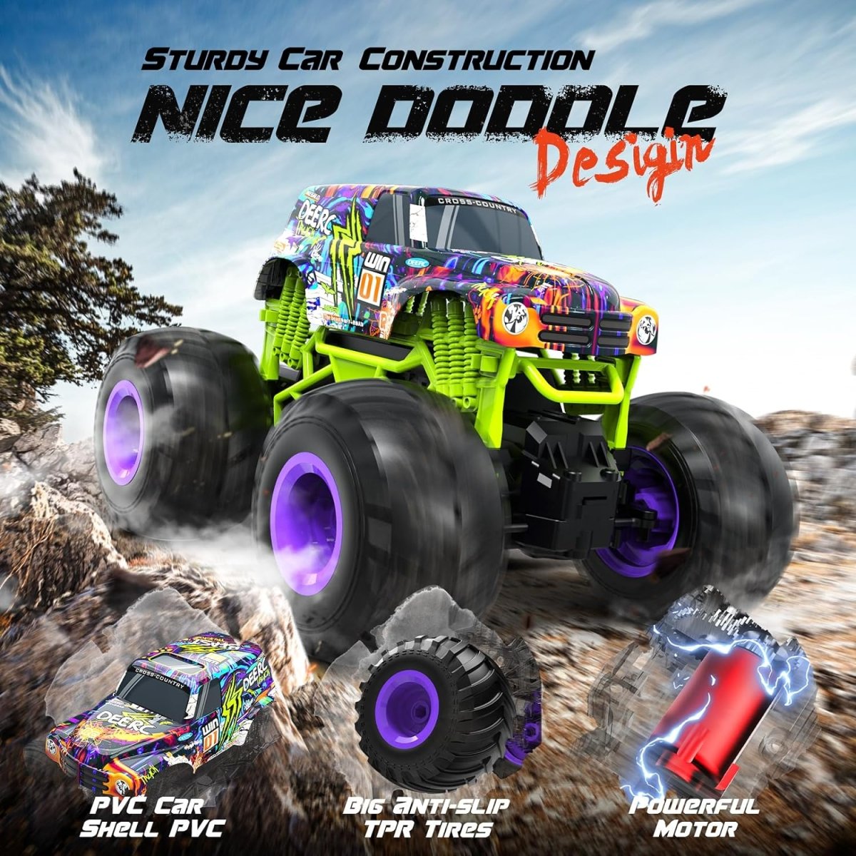 DEERC All Terrain Remote Control Monster Truck Toy 1:16 Scale High Speed RC Car