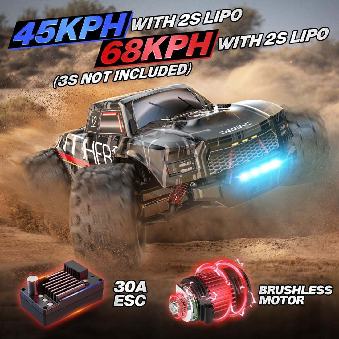 DEERC Brushless Fast Extreme RC Car 1:14 Scale 4WD Remote Control Monster Truck