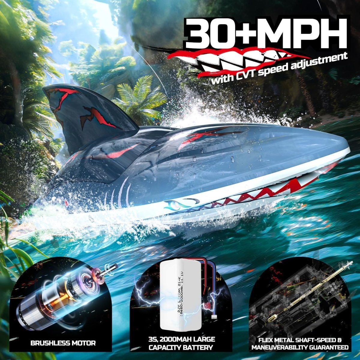 DEERC Brushless RC Boat Remote Control Boats 2.4GHz Racing LED Lights Pool Lake