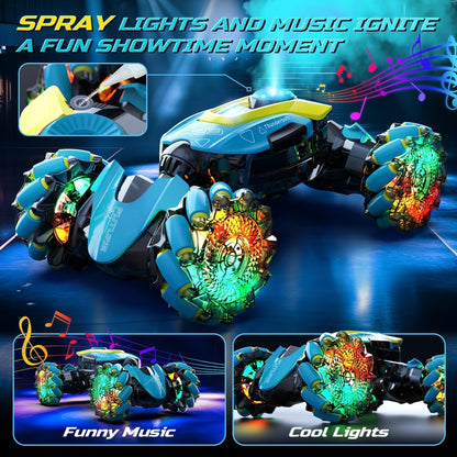 DEERC Gesture Sensing RC Stunt Car with Fog Mist &amp; Music 4WD Hand Controlled Toy