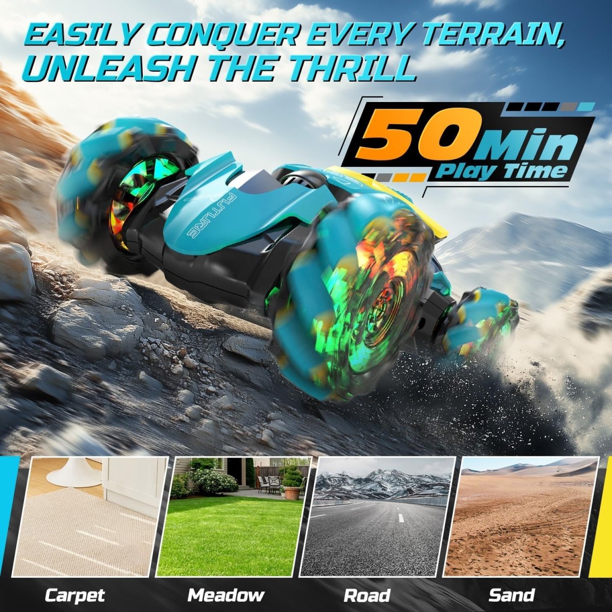 DEERC Gesture Sensing RC Stunt Car with Fog Mist &amp; Music 4WD Hand Controlled Toy