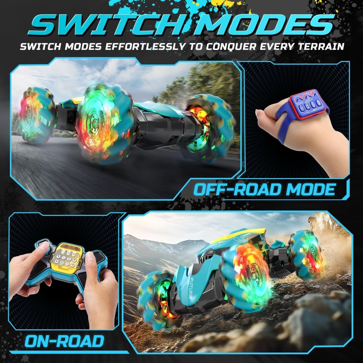 DEERC Gesture Sensing RC Stunt Car with Fog Mist &amp; Music 4WD Hand Controlled Toy