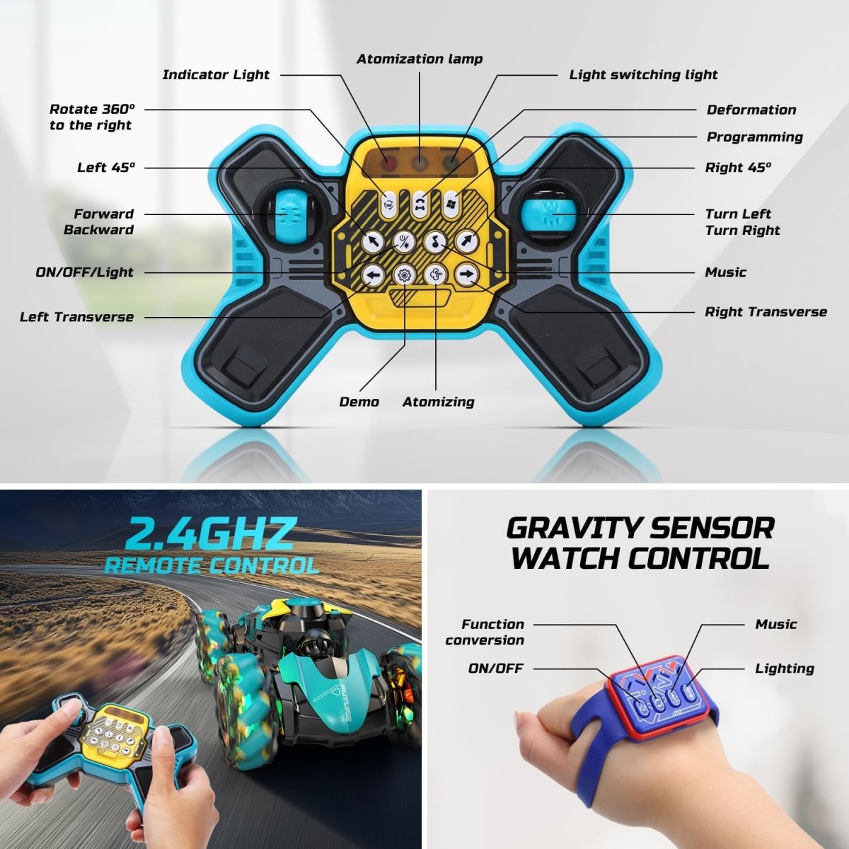 DEERC Gesture Sensing RC Stunt Car with Fog Mist &amp; Music 4WD Hand Controlled Toy