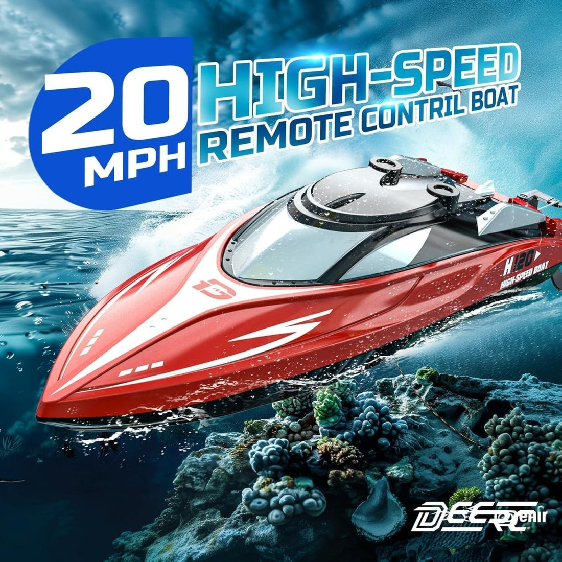 DEERC H120 RC Boat Remote Control Boats for Pools and Lakes 20+mph 2.4GHz Racing