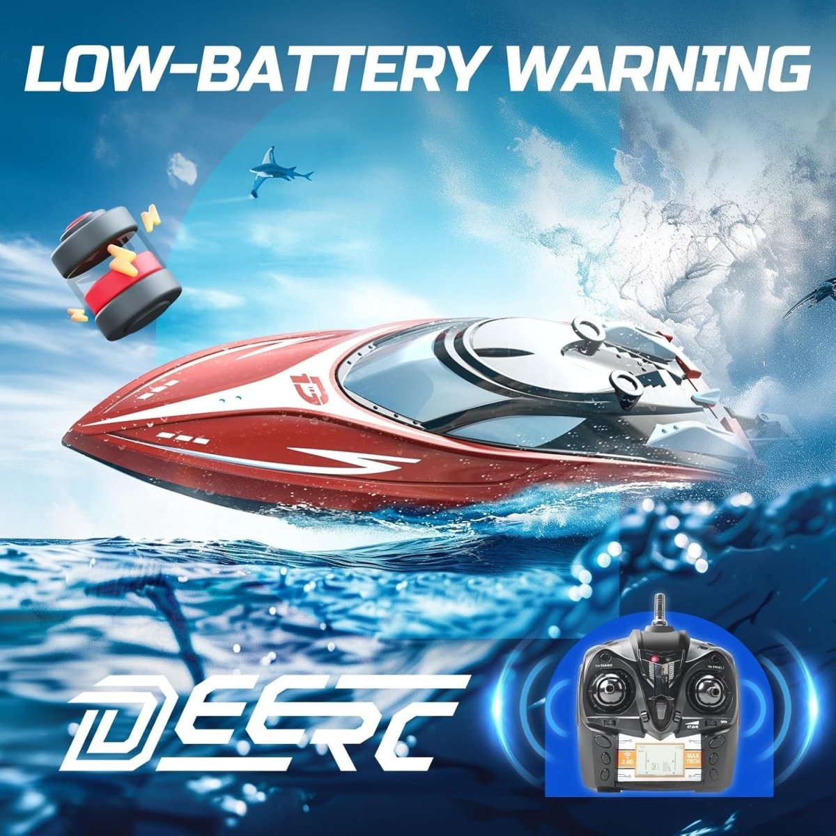 DEERC H120 RC Boat Remote Control Boats for Pools and Lakes 20+mph 2.4GHz Racing