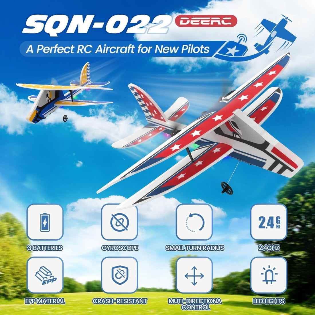 DEERC RC Plane 2.4GHZ Remote Control Airplane 6-axis Gyro Stabilizer 3 Batteries