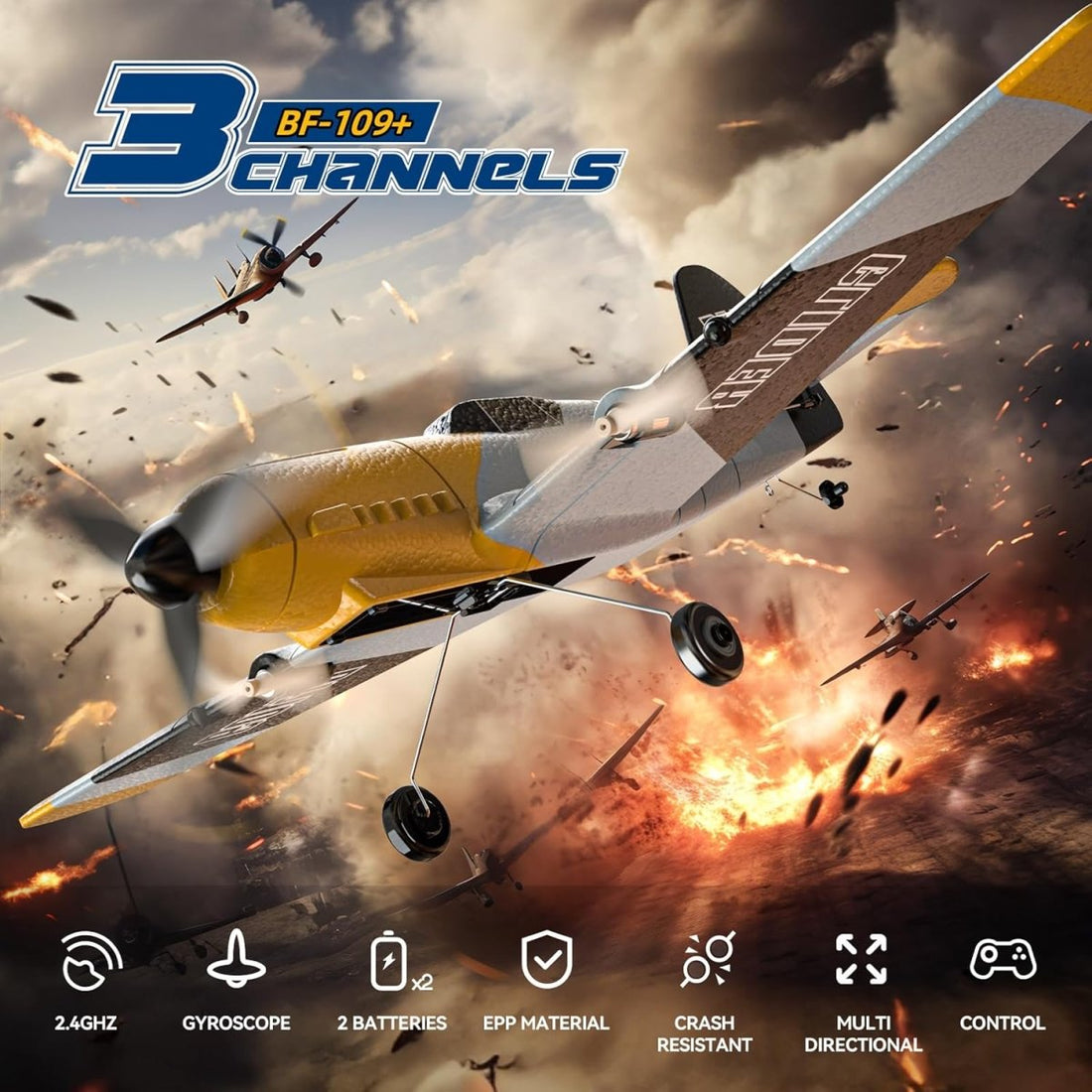 DEERC RC Plane 3 Channel BF-109 Remote Control Airplane 6-axis Gyro Stabilizer 2 Batteries