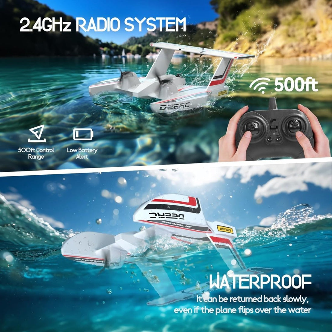 DEERC RC Plane for Water Land &amp; Air 3CH Remote Control Airplane W/ 2 Batteries