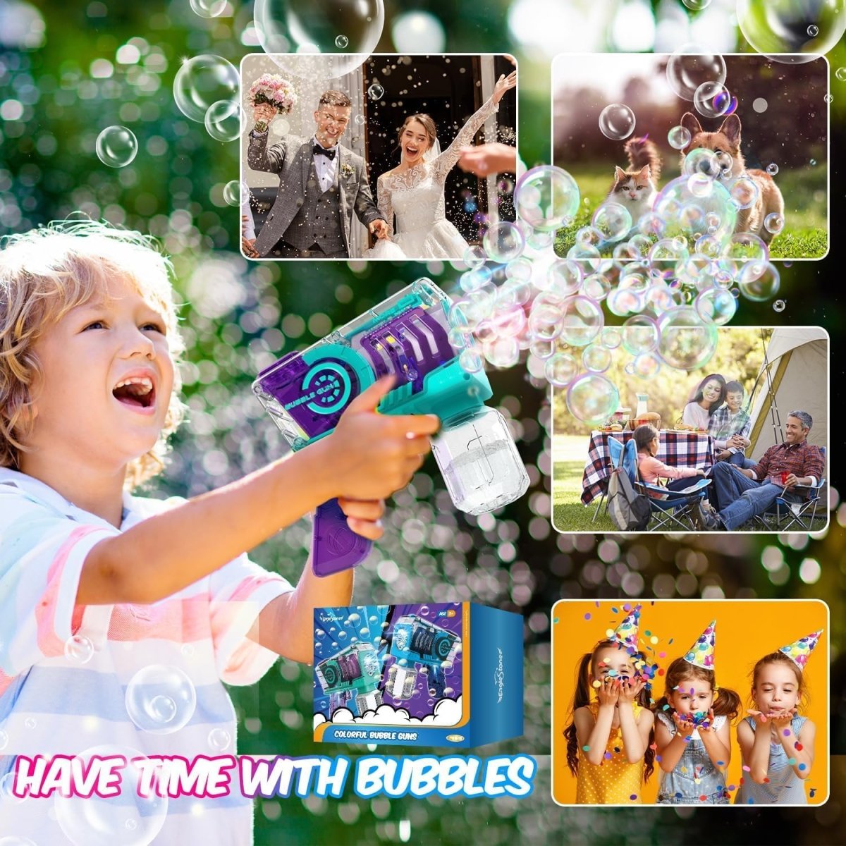 Eaglestone Bubble Gun for Kids 2 Packs Automatic Bubble Machine with LED Lights