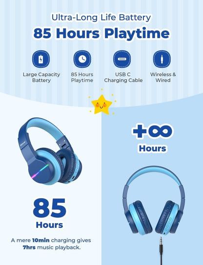 iClever BTH12 Kids Bluetooth Headphones Colorful LED Lights 74/85dBA Safe Volume