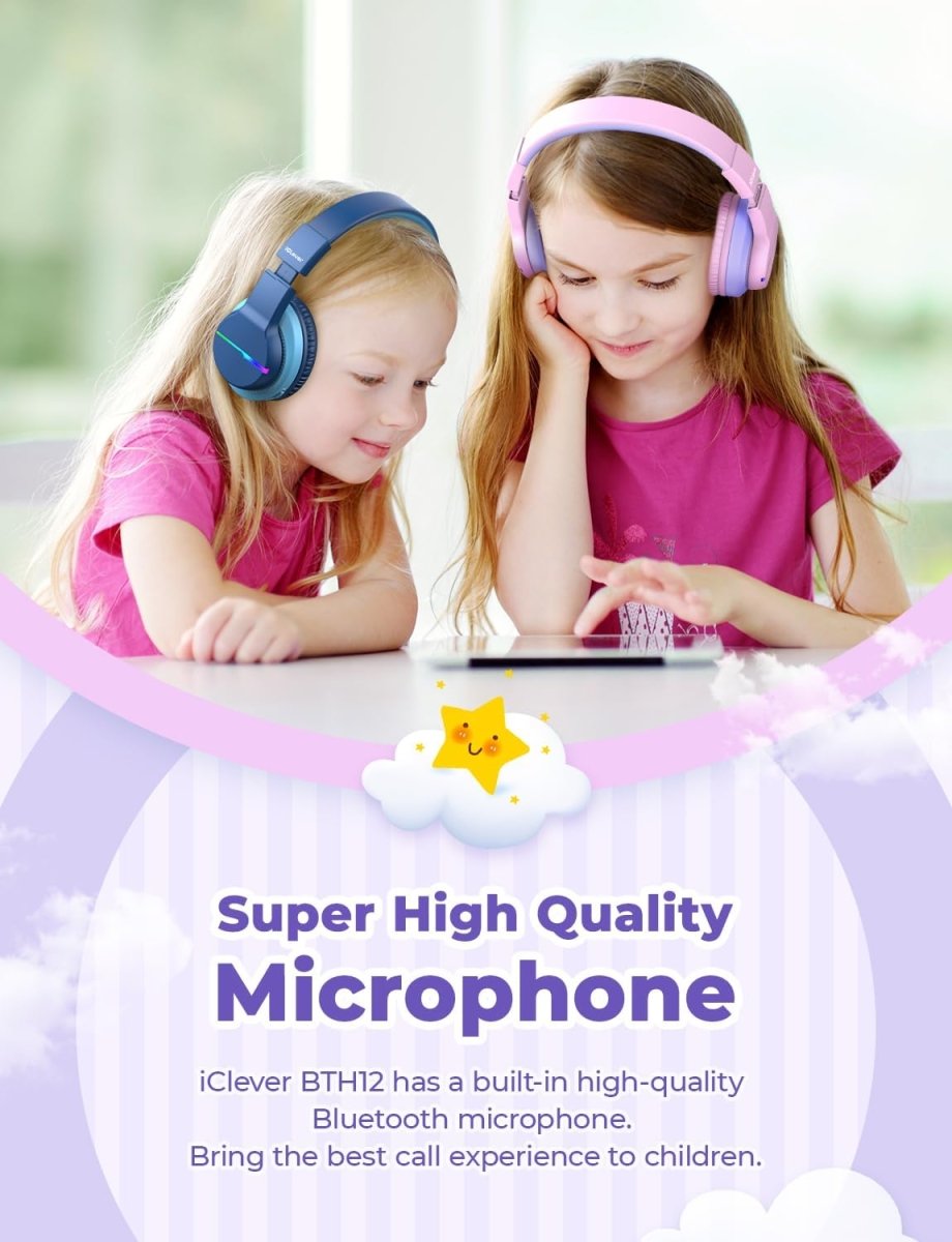 iClever BTH12 Kids Bluetooth Headphones Colorful LED Lights Safe Volume Over Ear
