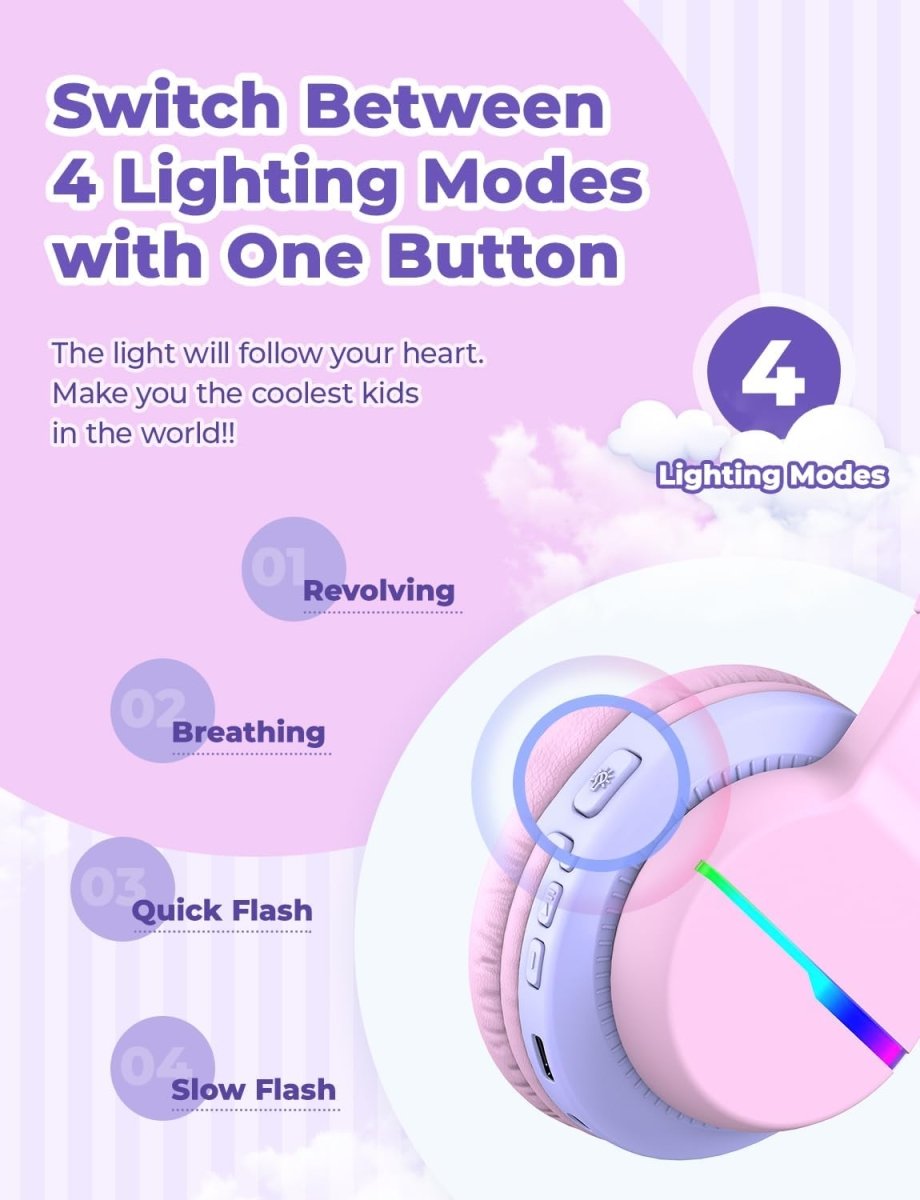 iClever BTH12 Kids Bluetooth Headphones Colorful LED Lights Safe Volume Over Ear