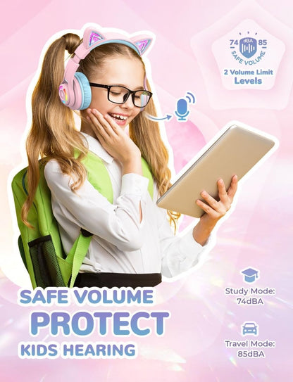 iClever Cat Ear Kids Bluetooth Headphones LED Lights Up 74/85dBA Safe Volume