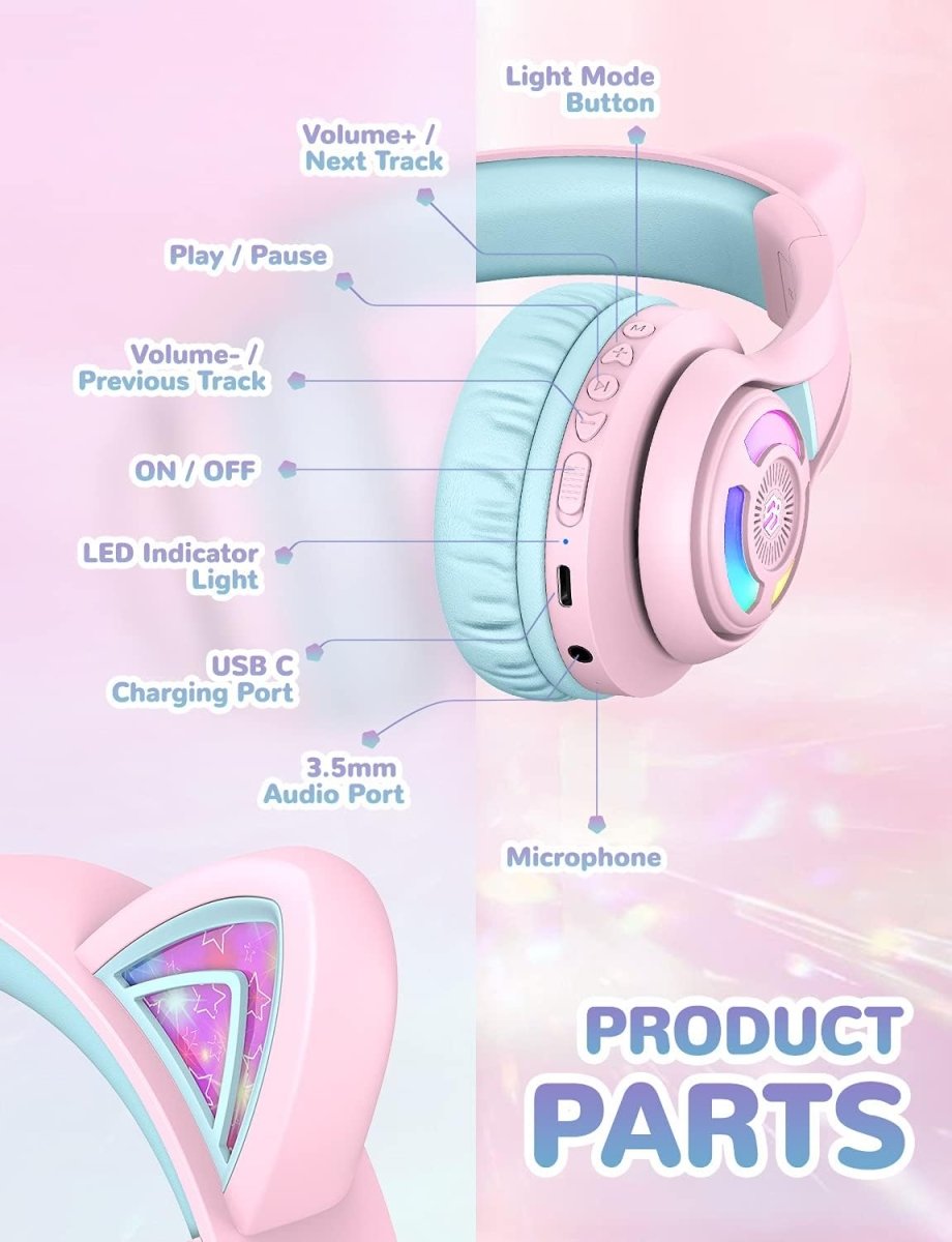 iClever Cat Ear Kids Bluetooth Headphones LED Lights Up 74/85dBA Safe Volume