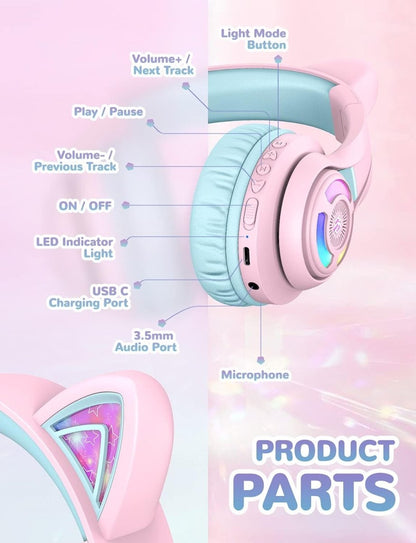 iClever Cat Ear Kids Bluetooth Headphones LED Lights Up 74/85dBA Safe Volume