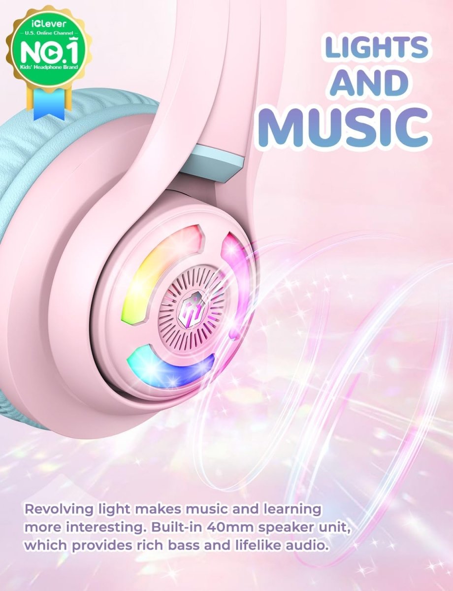 iClever Cat Ear Kids Bluetooth Headphones LED Lights Up 74/85dBA Safe Volume