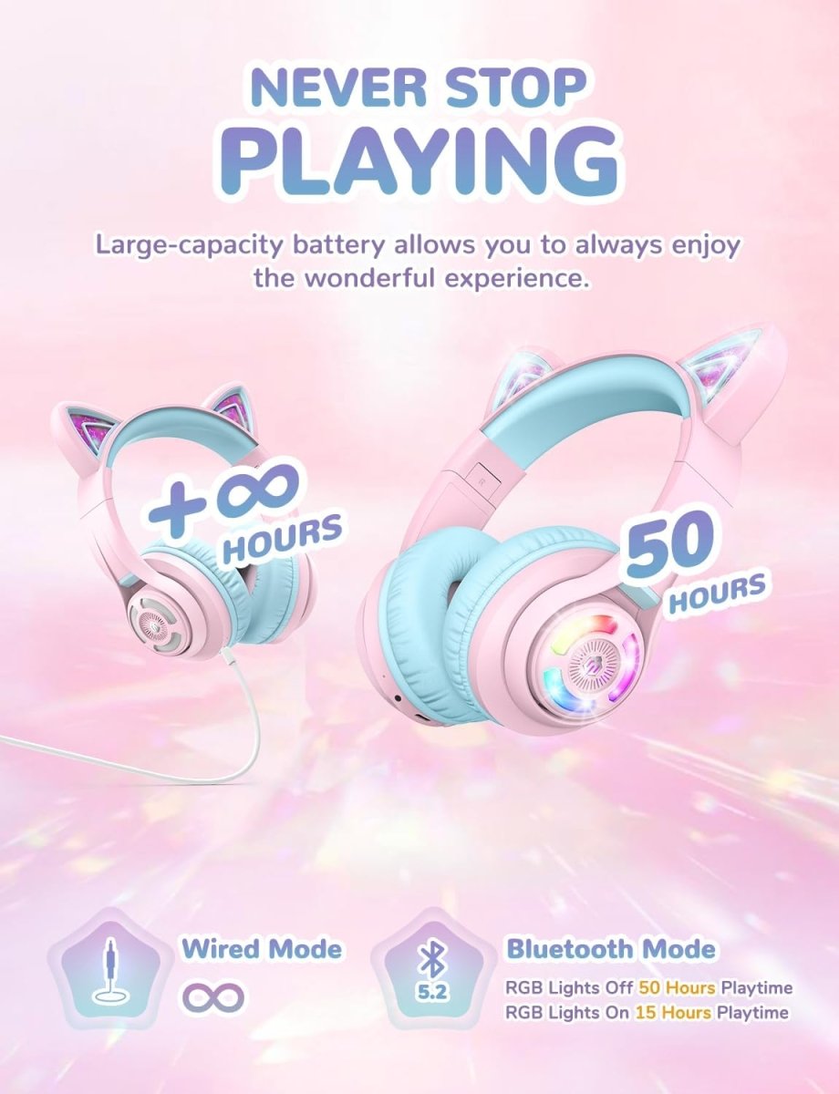 iClever Cat Ear Kids Bluetooth Headphones LED Lights Up 74/85dBA Safe Volume