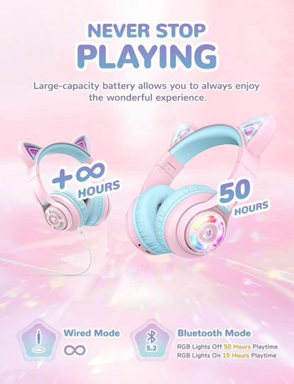 iClever Cat Ear Kids Bluetooth Headphones LED Lights Up 74/85dBA Safe Volume