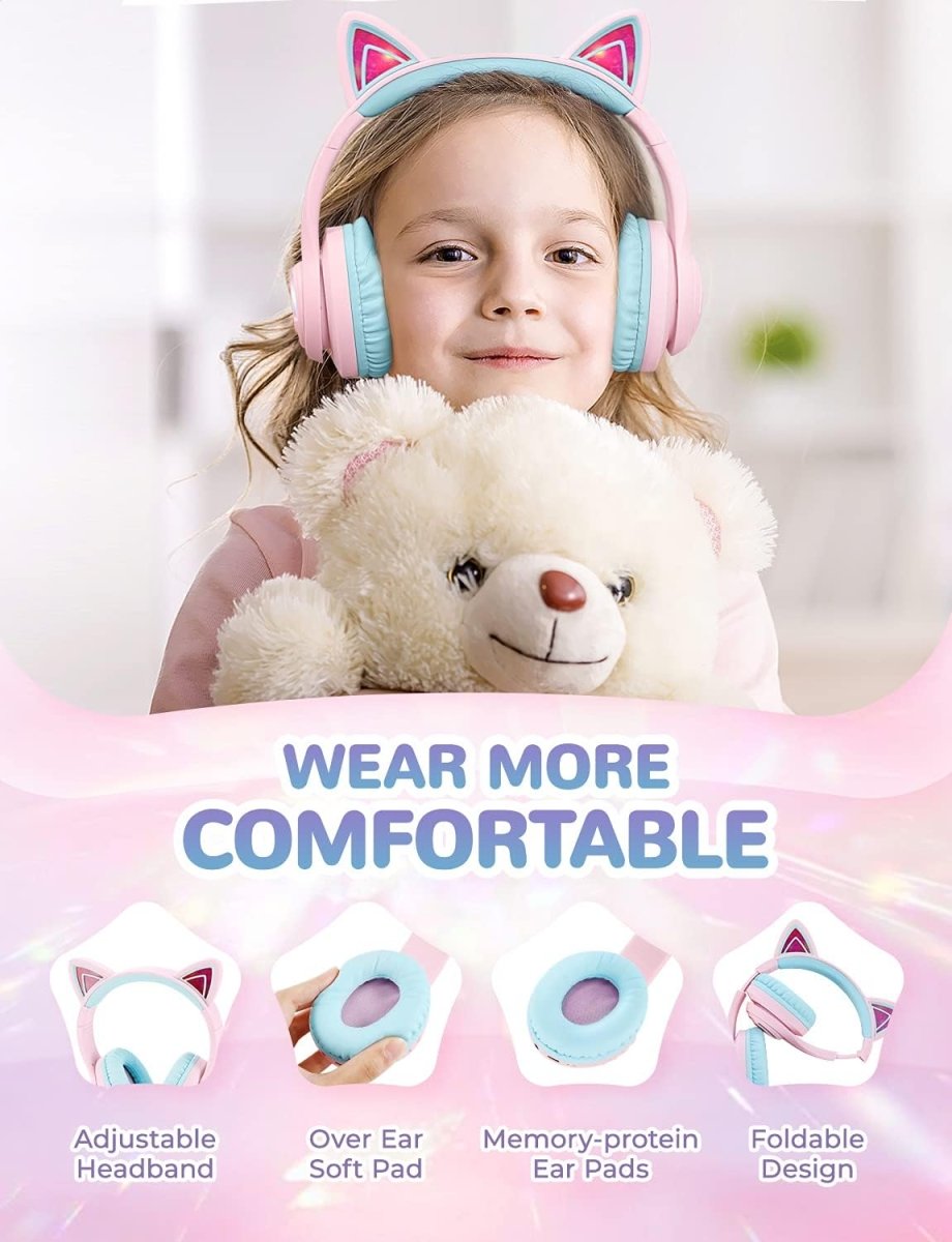 iClever Cat Ear Kids Bluetooth Headphones LED Lights Up 74/85dBA Safe Volume