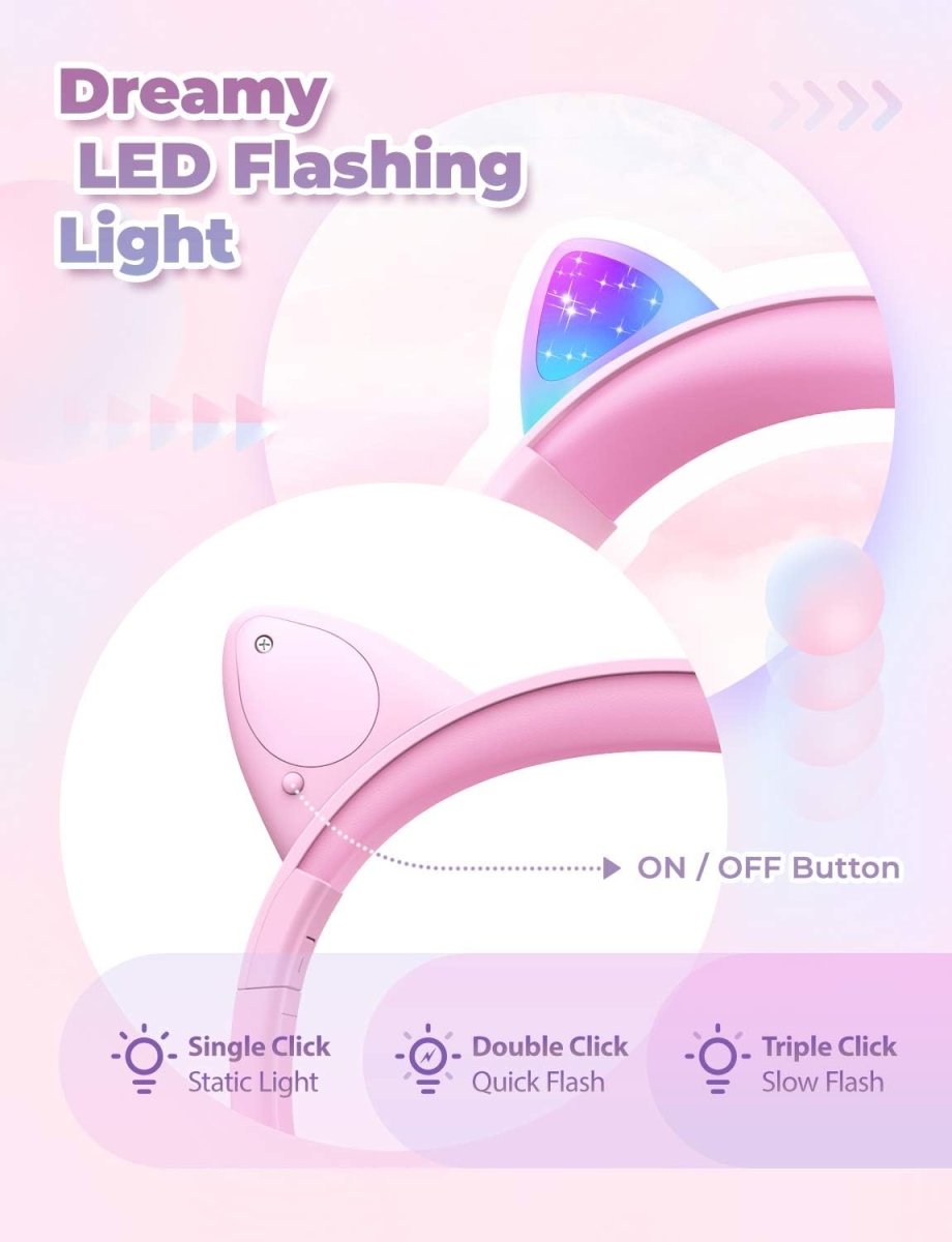 iClever Kids Headphones with Cat Ear Led Light Up Safe Volume Foldable Over-Ear
